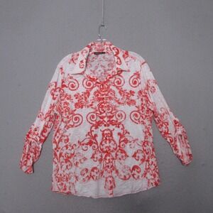 David Cline Top XL Orange Baroque Print Tabbed Sleeve Crinkle Button Statement